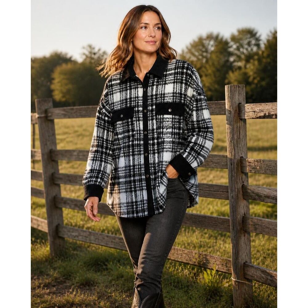 Oversized Plaid Shacket - Fleece with Corduroy Trim